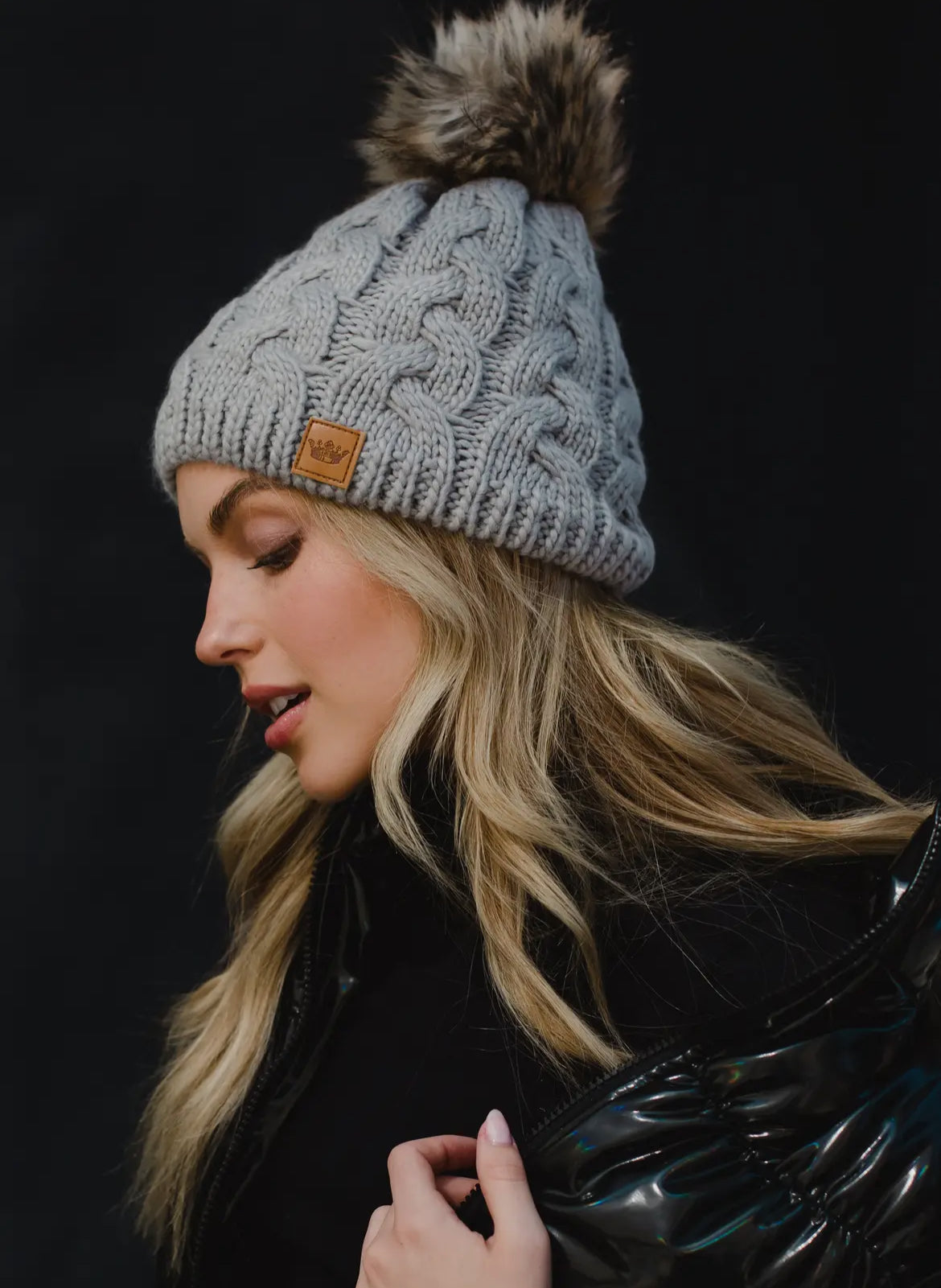 Grey Braided Knit Pom Beanie