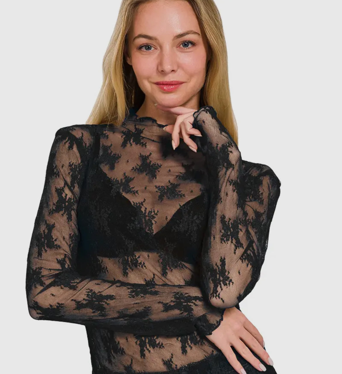 Sheer Lace Detail Long Sleeve Top