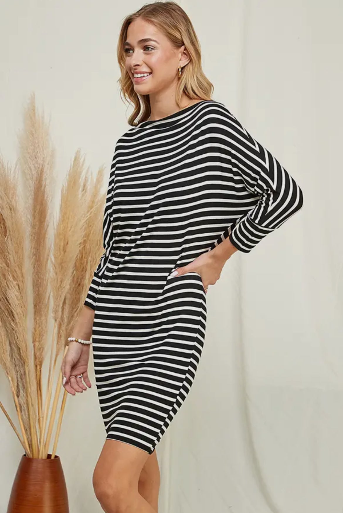 Black & White Stripe Dolman Sleeve Dress