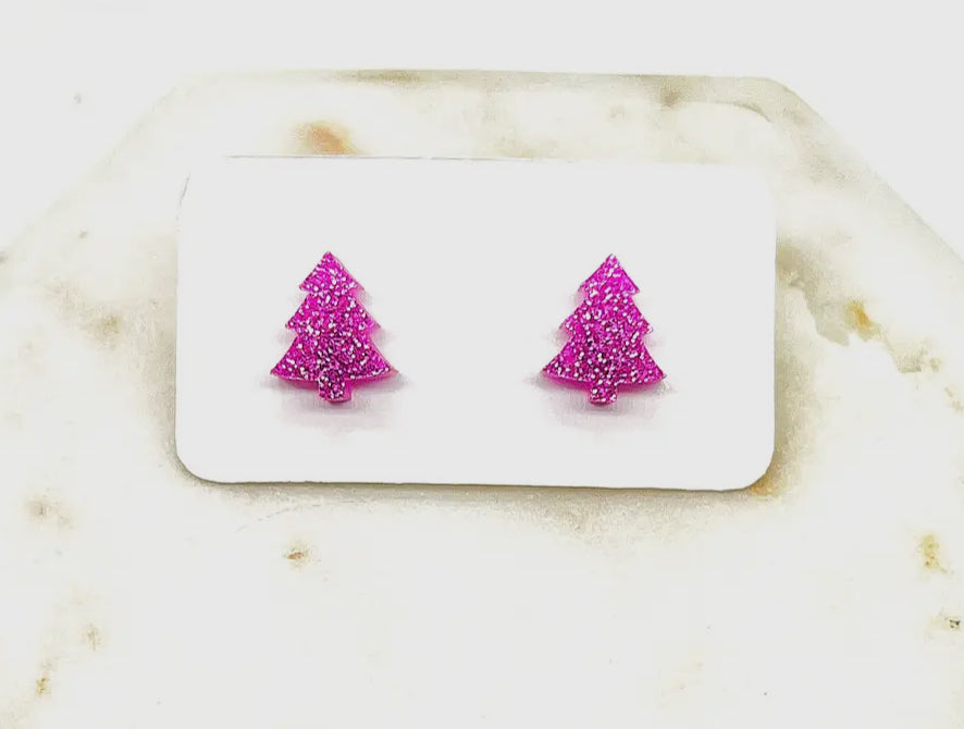 Pink Glitter Tree Studs