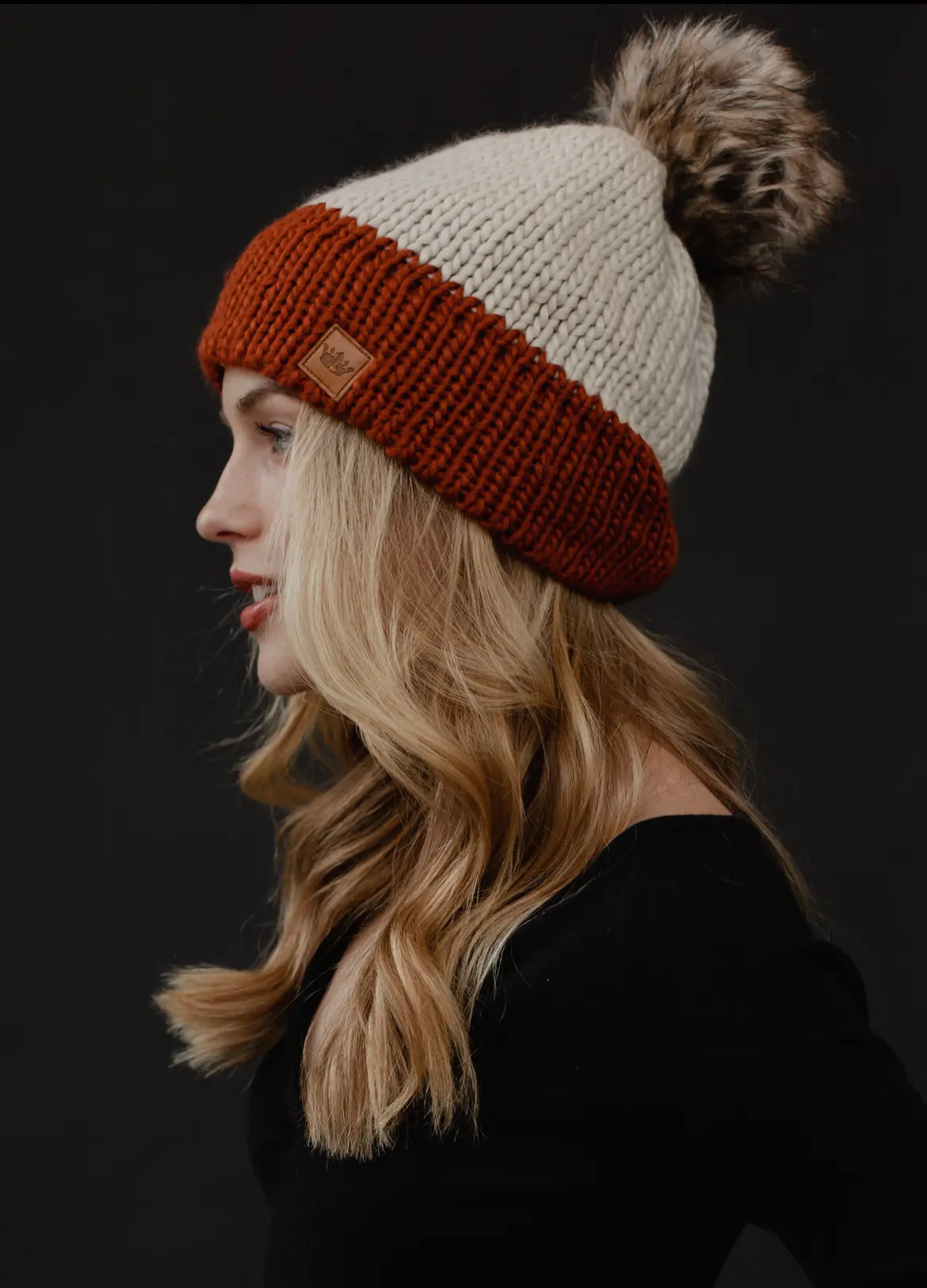 Beige & Rust Color Block Beanie