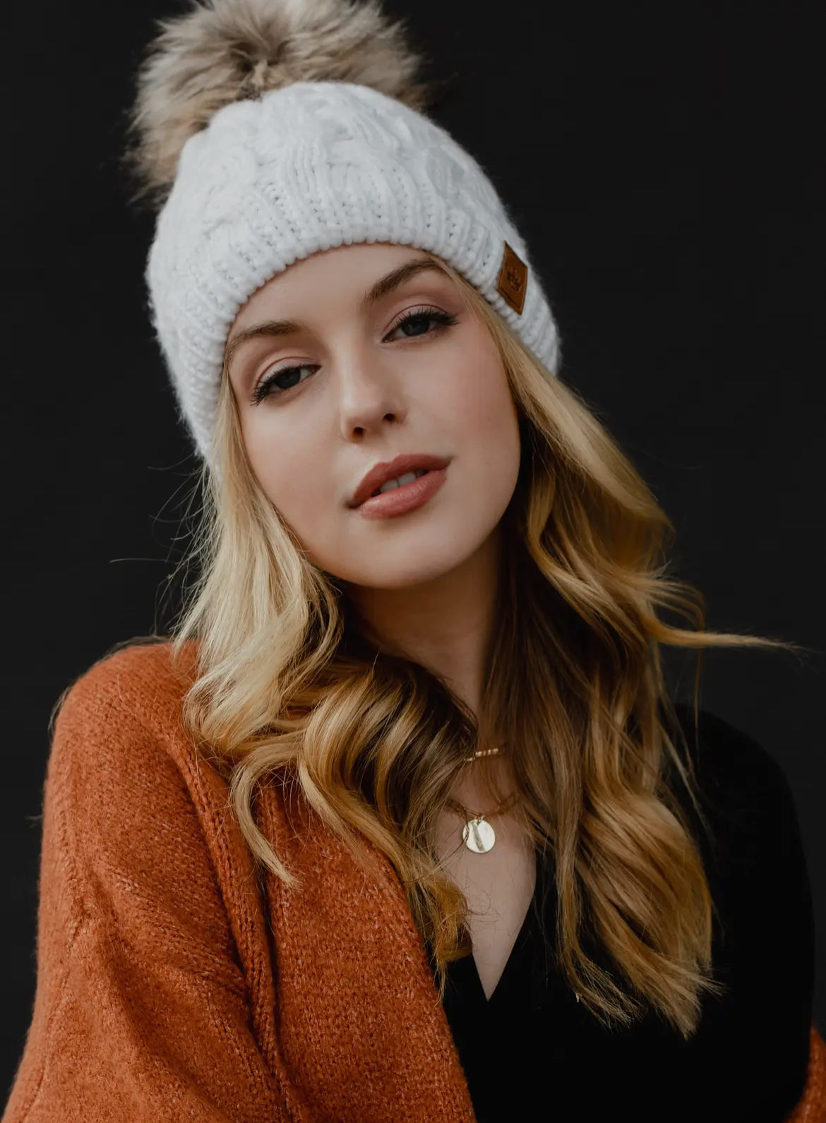 White Braided Knit Pom Beanie