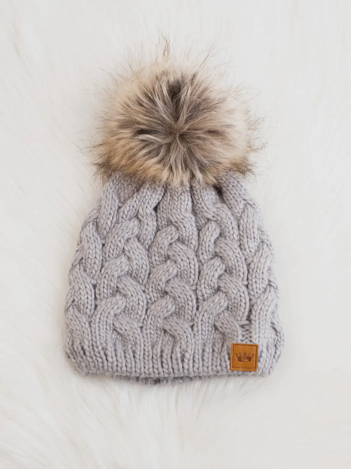 Grey Braided Knit Pom Beanie