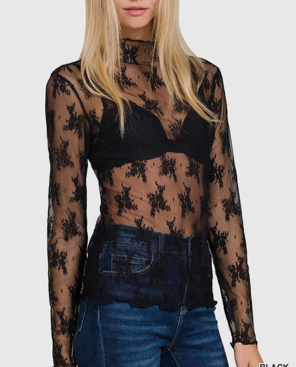 Sheer Lace Detail Long Sleeve Top