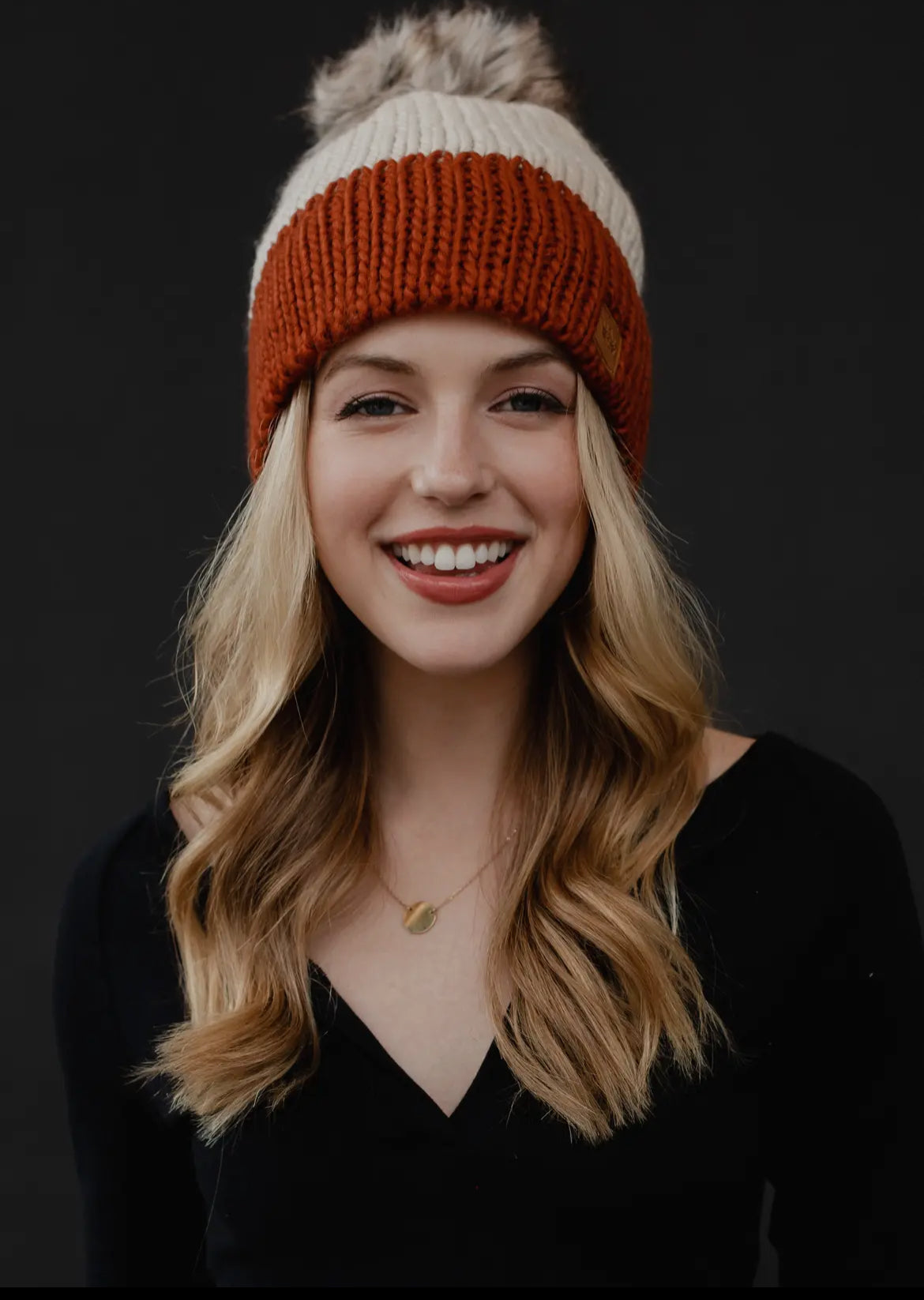 Beige & Rust Color Block Beanie