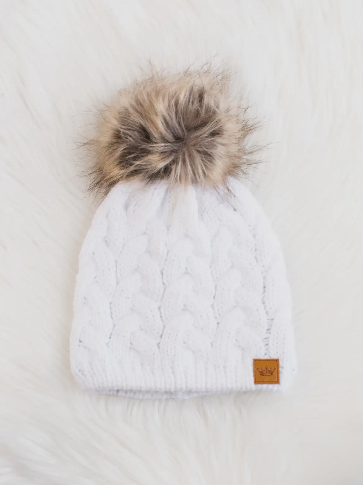 White Braided Knit Pom Beanie
