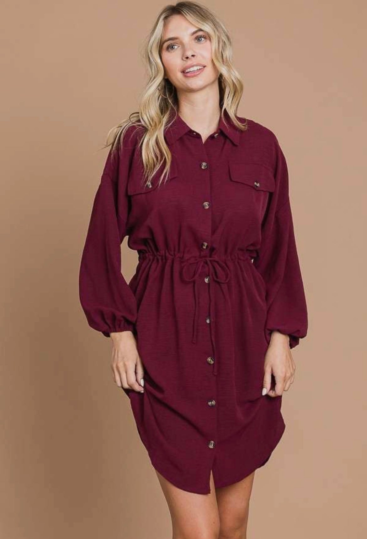 drawstring shirt dress Drawstring Waist Button-Front Shirt Dress