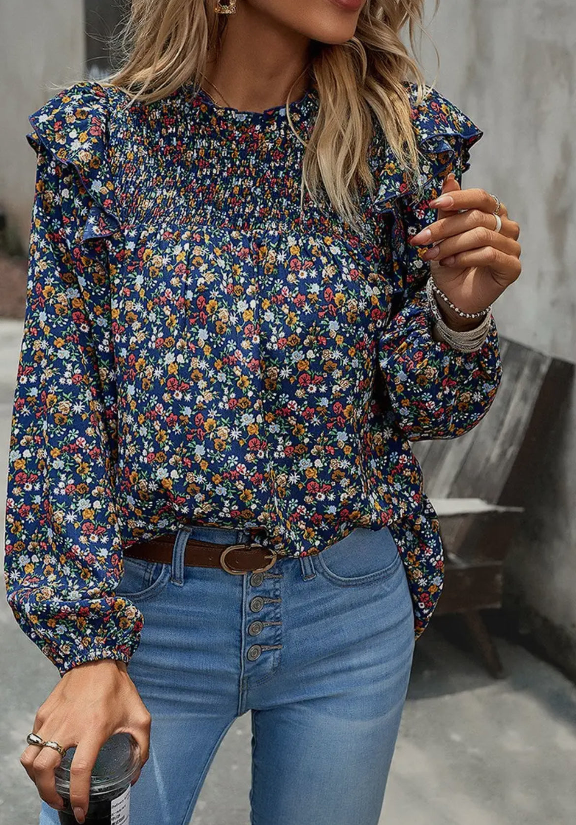 Floral Ruffle Shoulder Blouse