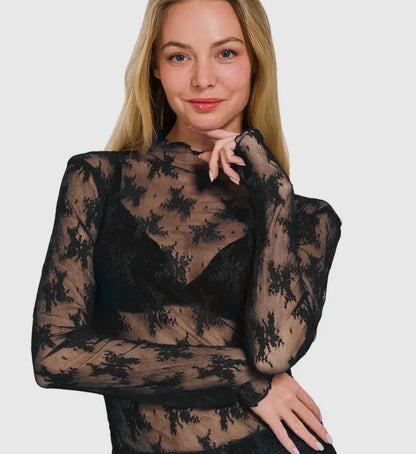 Sheer Lace Detail Long Sleeve Top