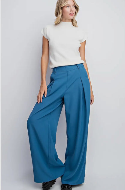 Pleated Wide Leg Trousers Blue