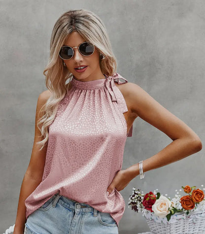 Tie Neck Satin Leopard Print Top 🩷