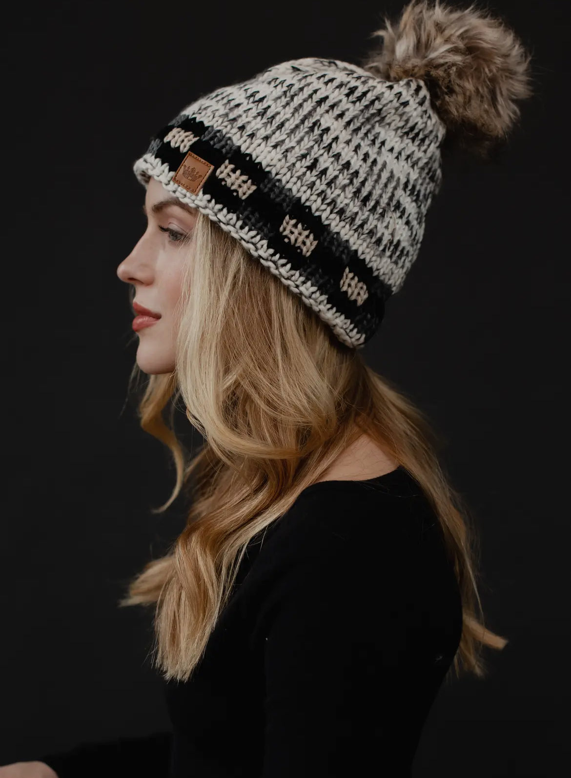 Pom Beanie w/Black Plaid Trim