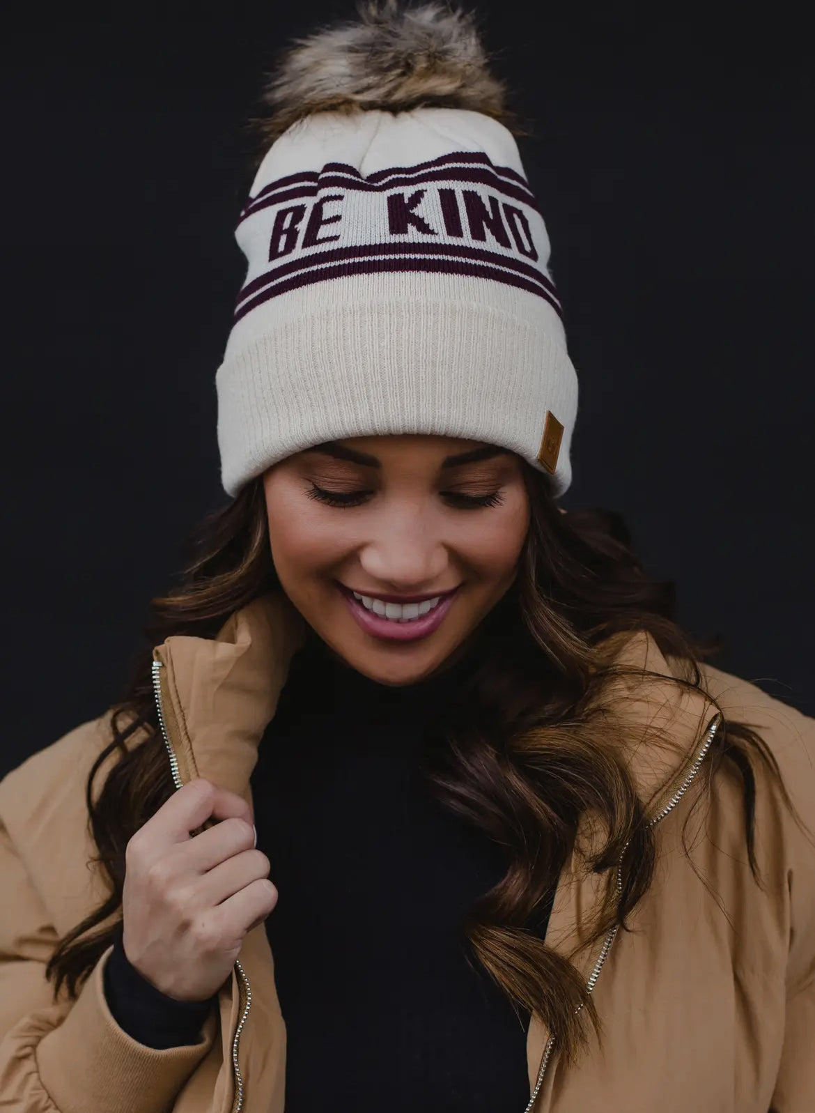 Cream/Burgundy Be Kind Pom Beanie