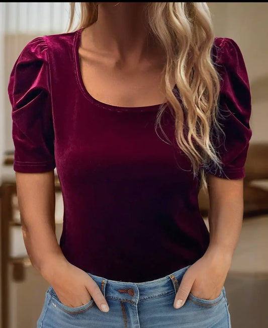 Burgundy Velvet Puff Sleeve Top