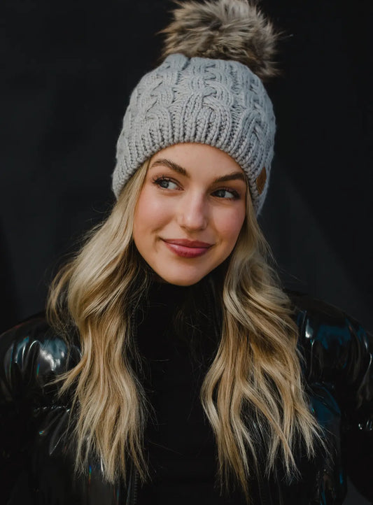 Grey Braided Knit Pom Beanie
