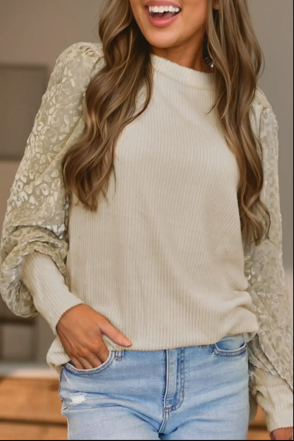 Tan Leopard Print Long Sleeve Blouse