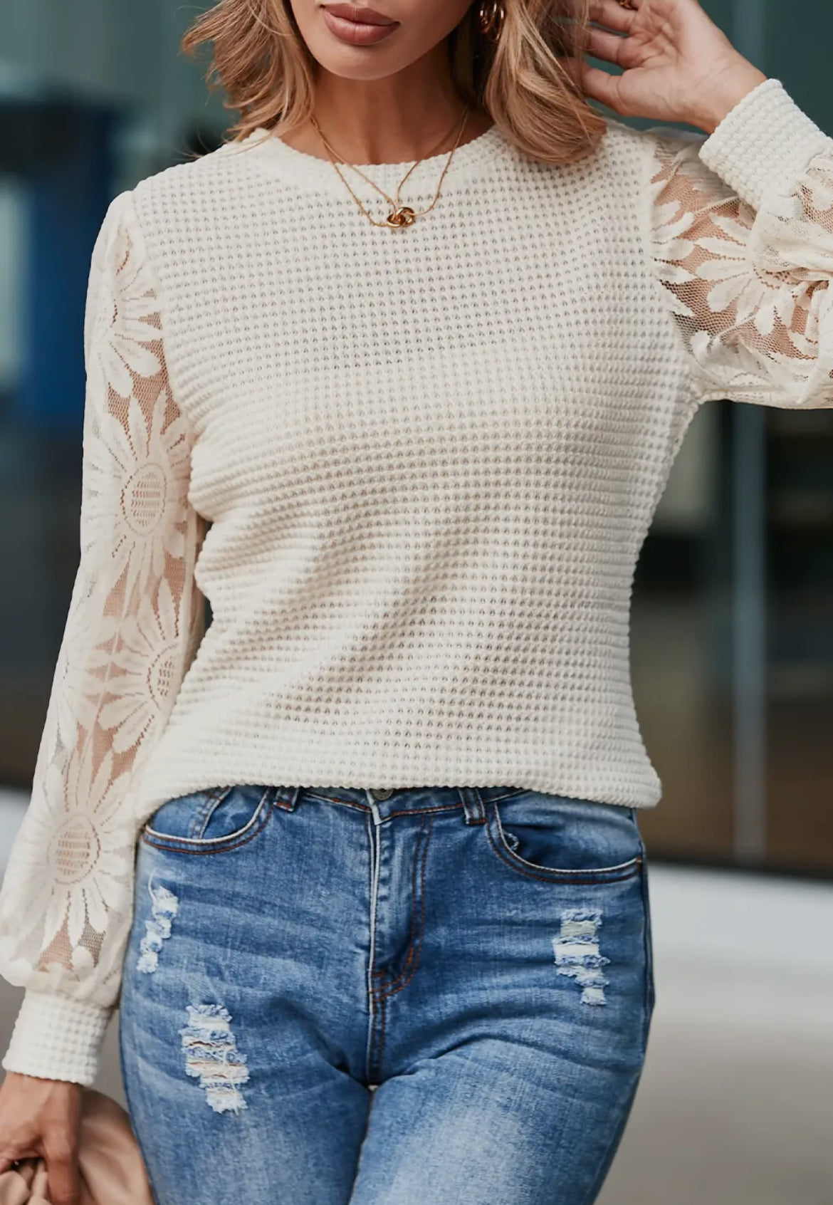 Sunflower Sleeve Waffle Knit Top