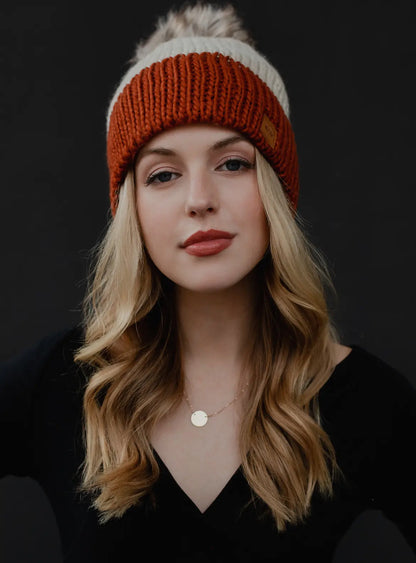 Beige & Rust Color Block Beanie