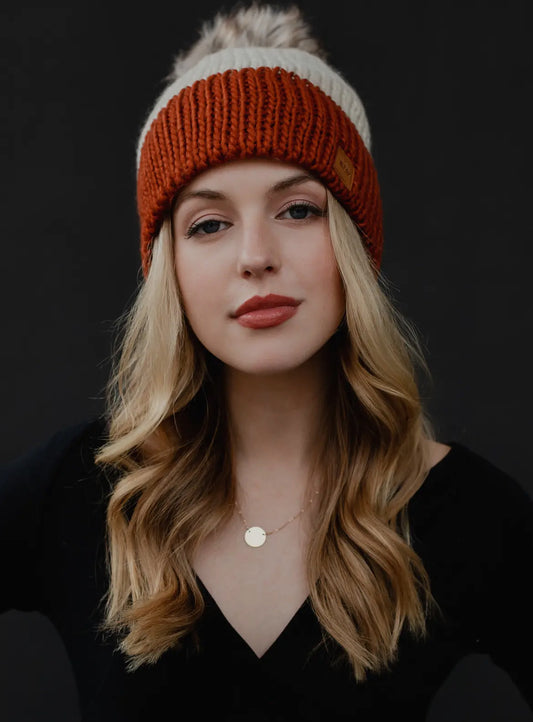 Beige & Rust Color Block Beanie