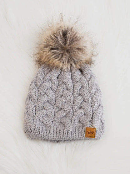 Grey Braided Knit Pom Beanie