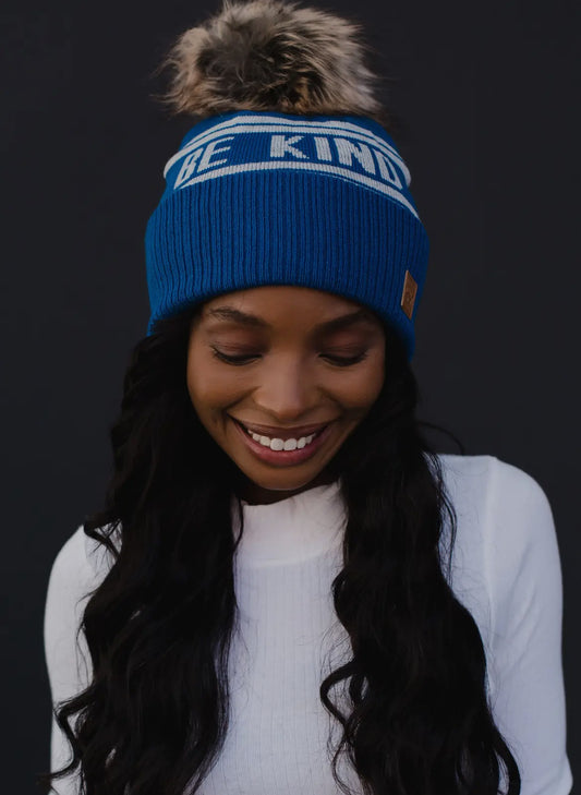 Blue & Light Grey Be Kind Pom Beanie