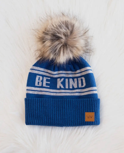 Blue & Light Grey Be Kind Pom Beanie