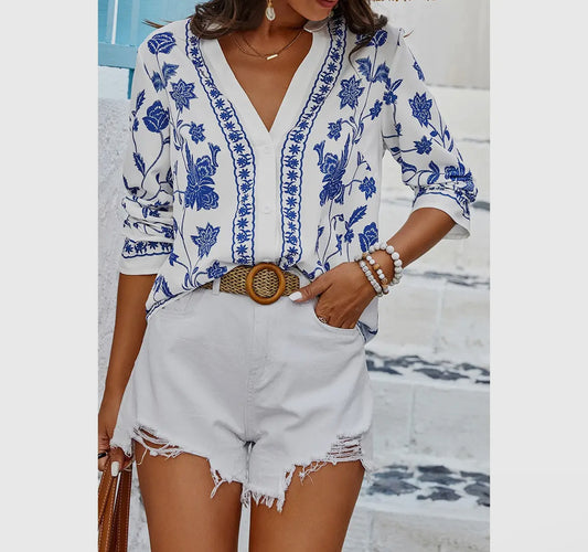 Floral Deep V Neck Blouse