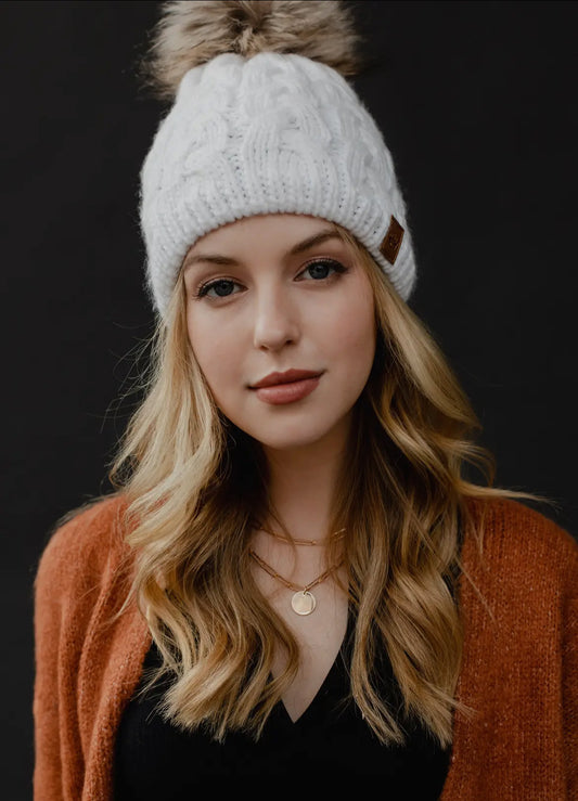 White Braided Knit Pom Beanie