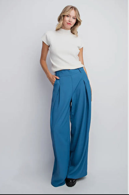 Pleated Wide Leg Trousers Blue