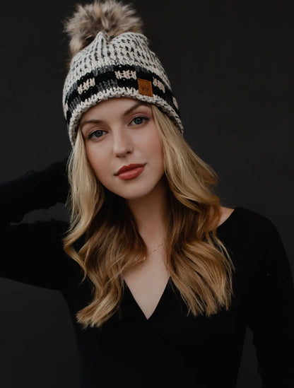 Pom Beanie w/Black Plaid Trim