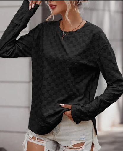 Checkered Print Thumbhole Long Sleeve