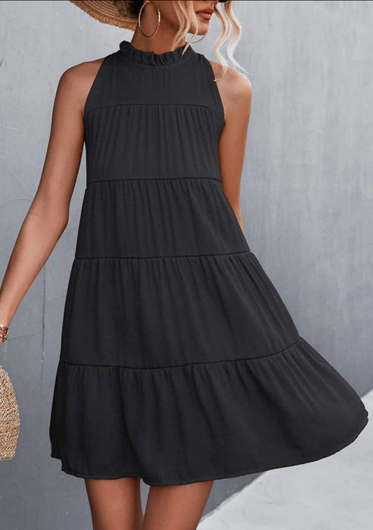 Ribbon Back Ruffle Neck Dress