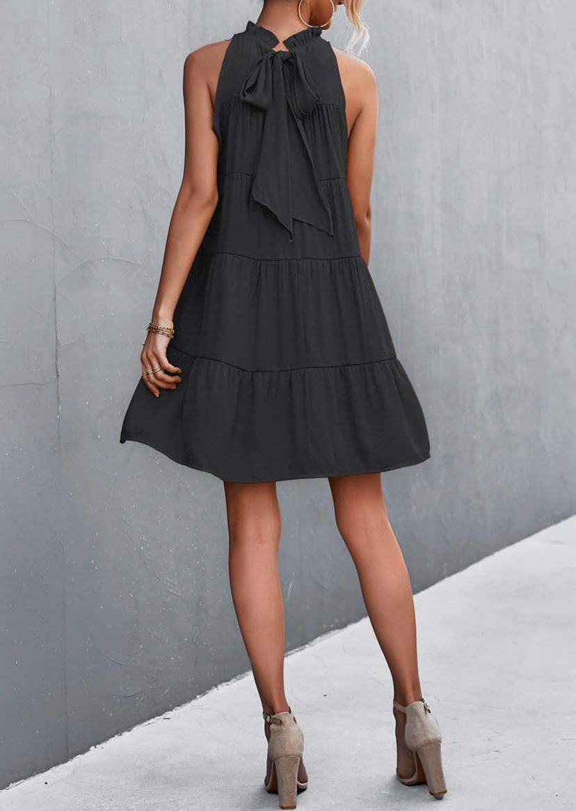 Ribbon Back Ruffle Neck Dress