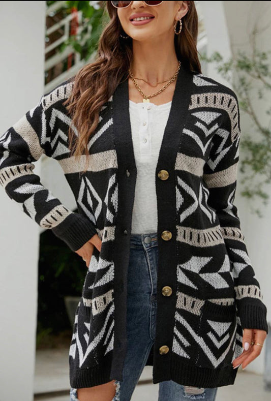 Aztec Print Button Cardigan