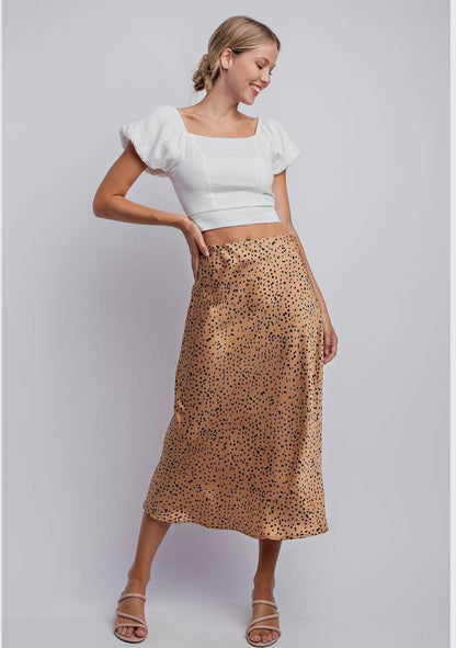 Dot Print Satin Midi Skirt