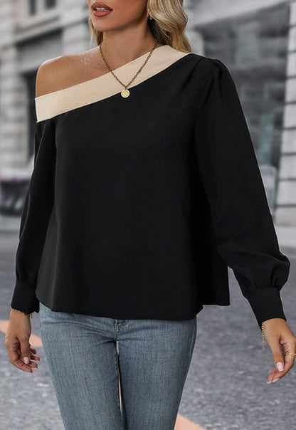 Off the Shoulder Color Block Blouse