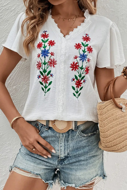 Embroidered V Neck Blouse