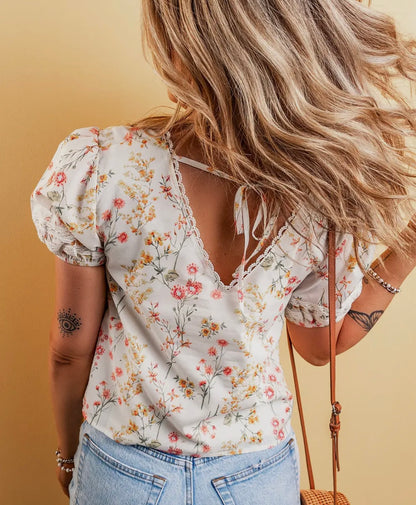 Floral Print V-Neck Lace Trim Blouse