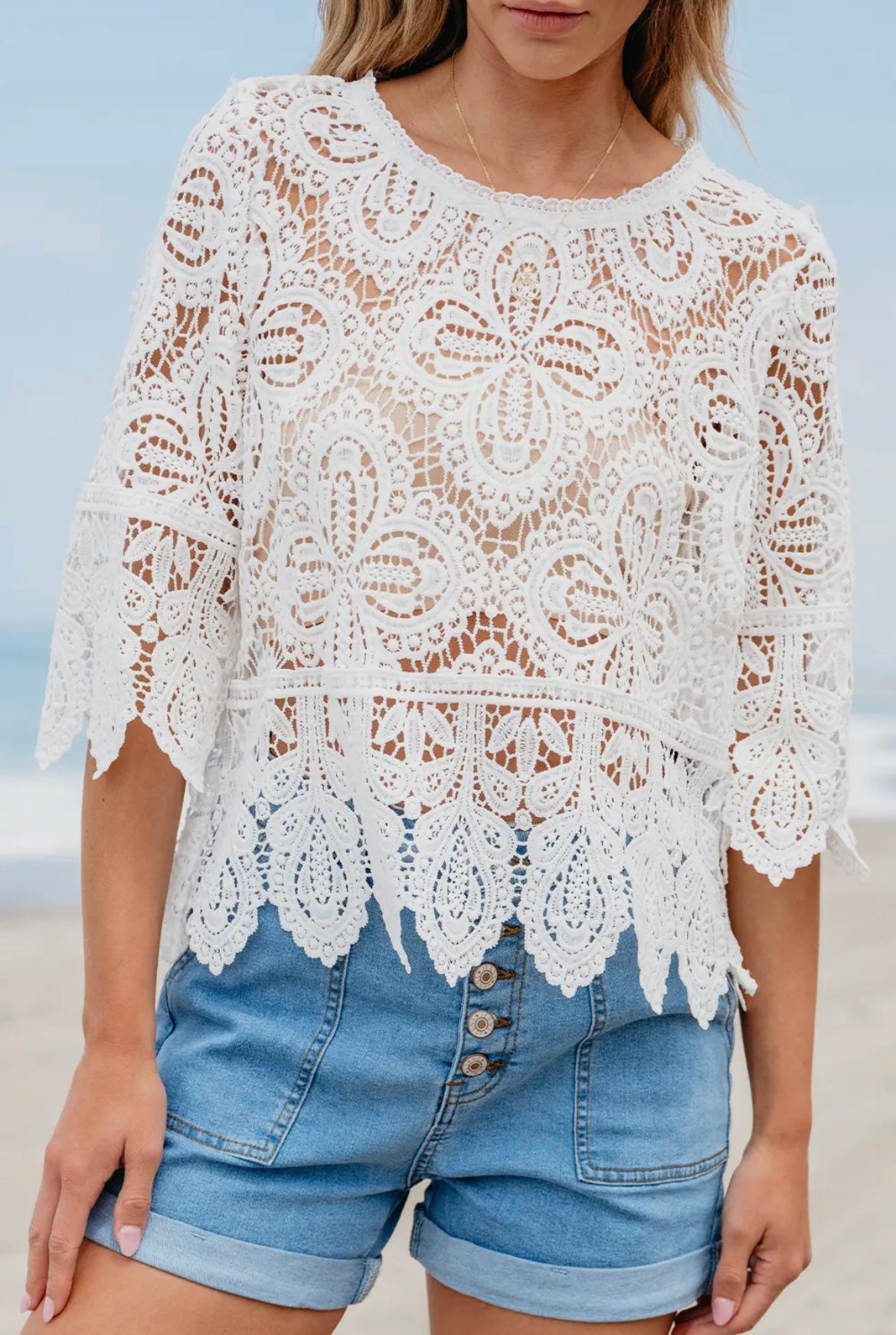 Crochet Lace 3/4 Sleeve Blouse