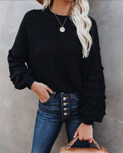 Black Crew Sweater with Dot Detail Sleeve