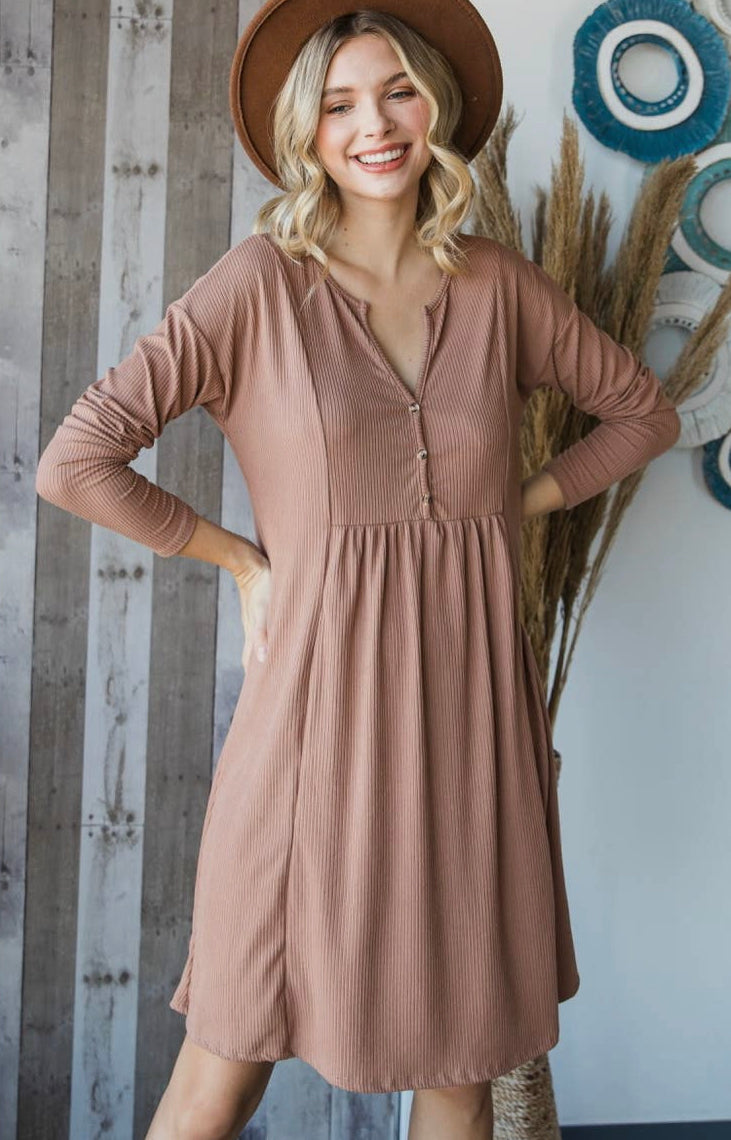 Ribbed Button Trim V-Neck Dress