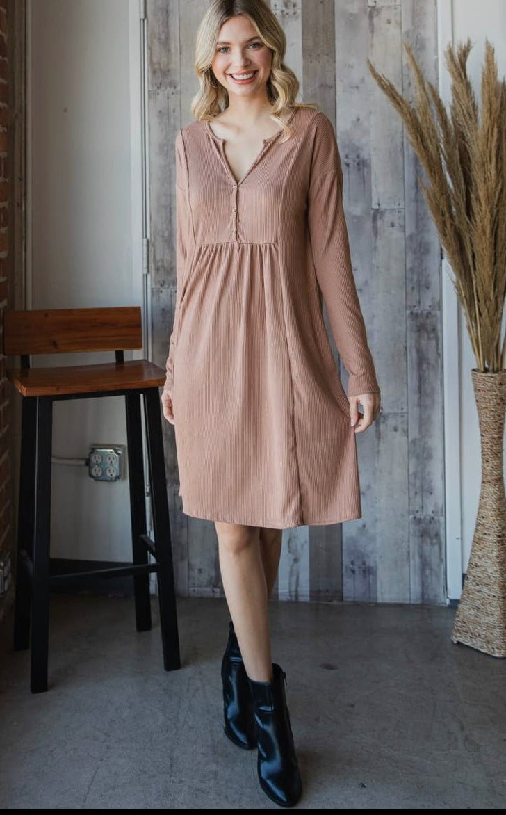 Ribbed Button Trim V-Neck Dress