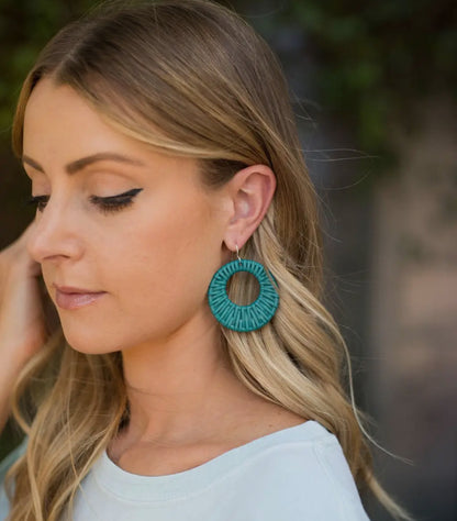 Teal Raffia Circle Earrings