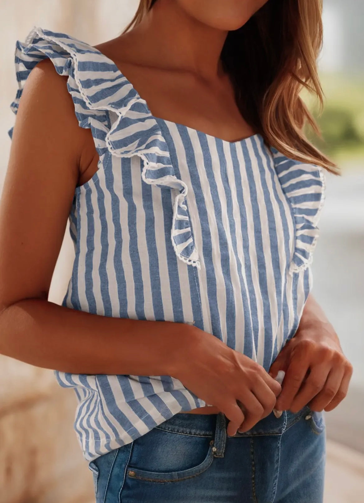 Striped Tie Back Ruffled Blouse