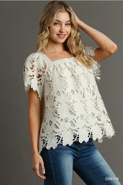 Floral Lace Square Neckline Blouse