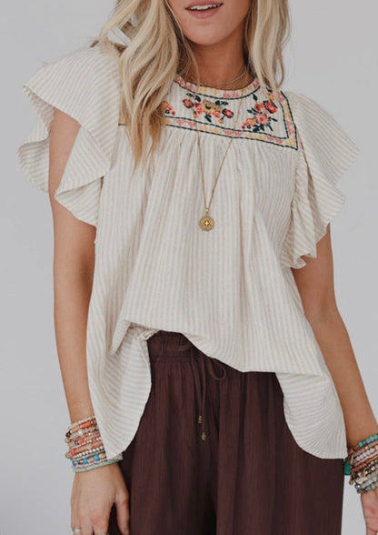 Embroidered Ruffle Sleeve Blouse