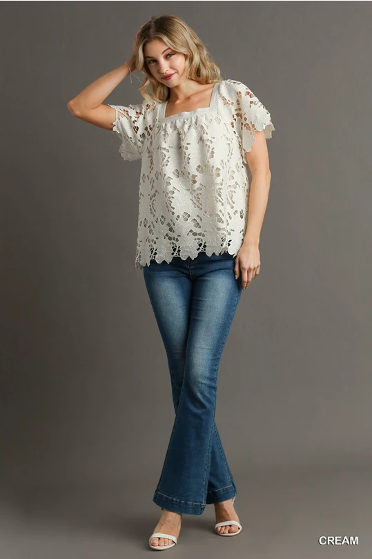 Floral Lace Square Neckline Blouse