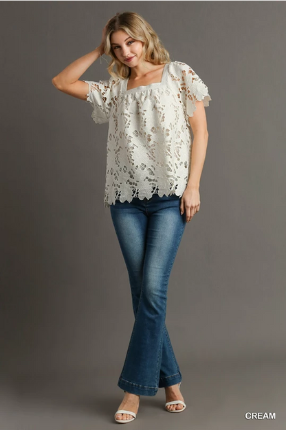 Floral Lace Square Neckline Blouse