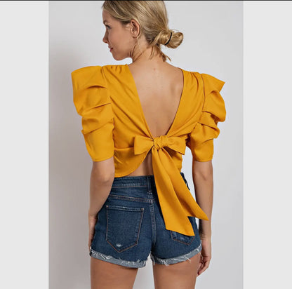 Pleated Puff Sleeve Backless Top