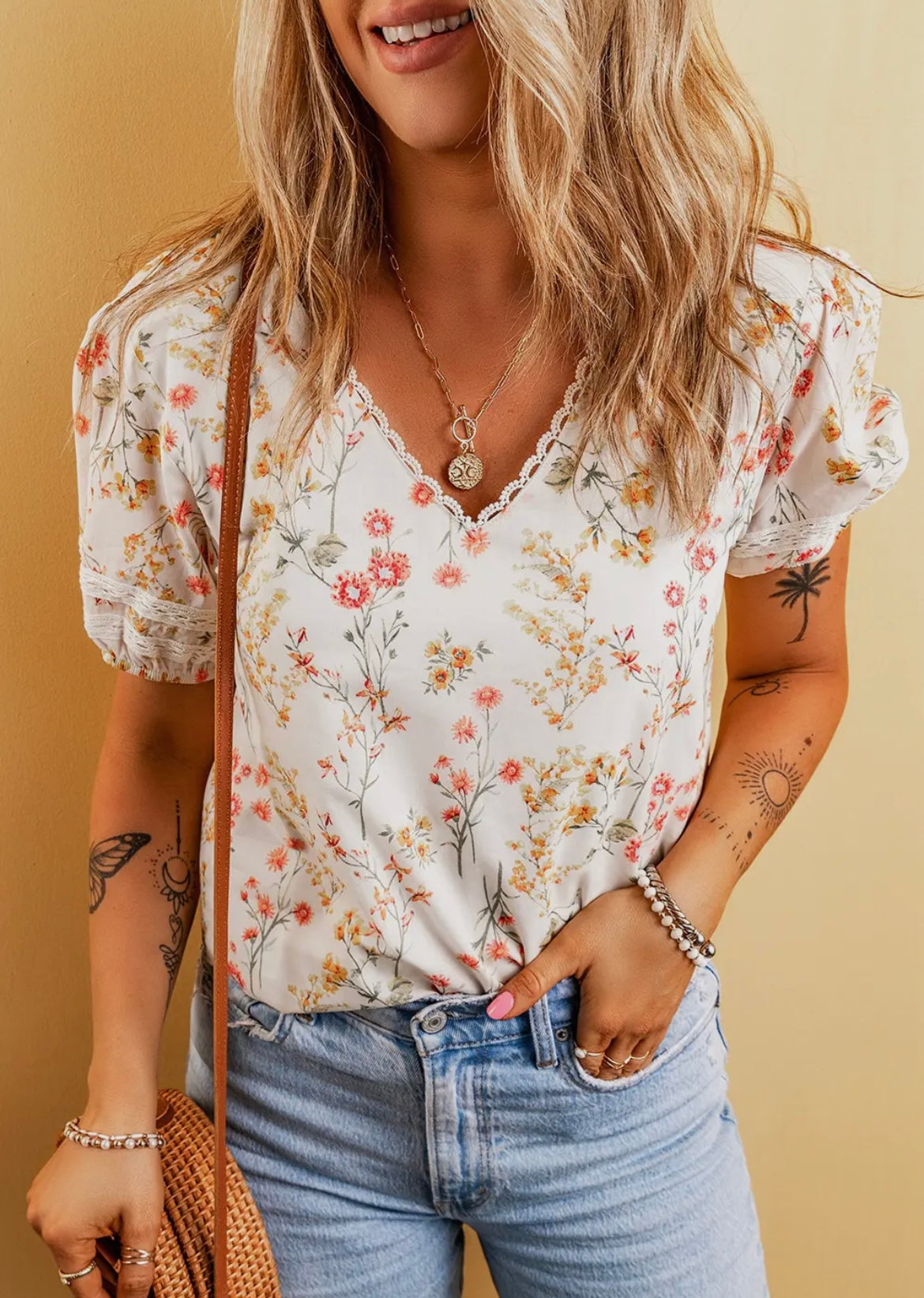 Floral Print V-Neck Lace Trim Blouse